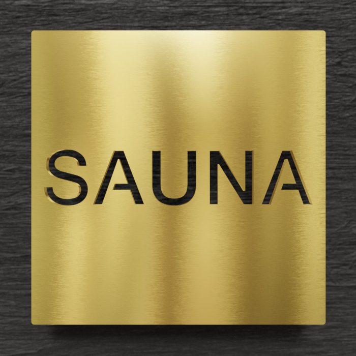 Messing Hinweisschild "SAUNA" / H.67.M 1